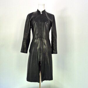 Vintage long black genuine leather coat, European size 38